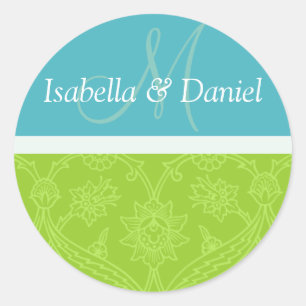 Blue And Green Bride And Groom Monograms Classic Round Sticker