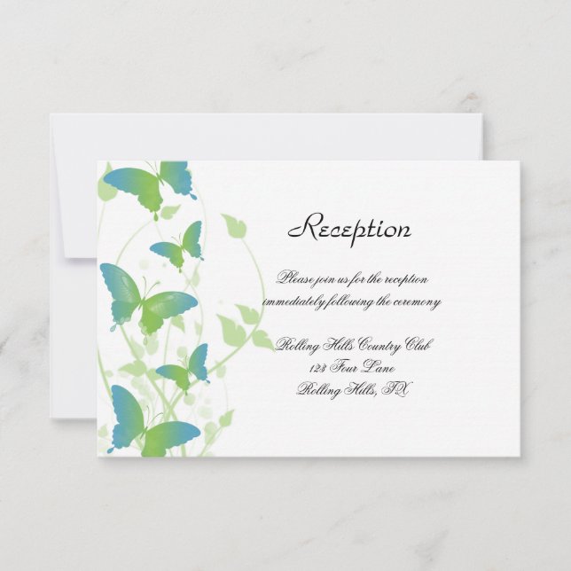 Blue and Green Butterfly Vine Wedding Reception Invitation (Front)