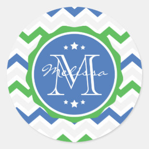 Blue and Green Chevron Custom Monogram Classic Round Sticker