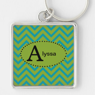 Blue and Green Chevron Personalised Keychain