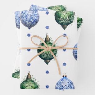Blue and Green Christmas Ornaments on White Wrapping Paper Sheet