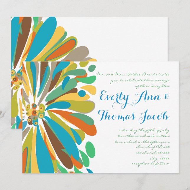 Blue and Green Chrysanthemum Wedding Invitation (Front/Back)