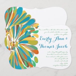 Blue and Green Chrysanthemum Wedding Invitation