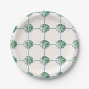 Blue and Green Clam Seashell Chequered Paper Plate