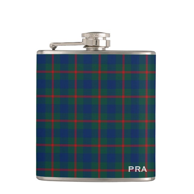 Blue and Green Clan Agnew Tartan Monogram Hip Flask (Front)