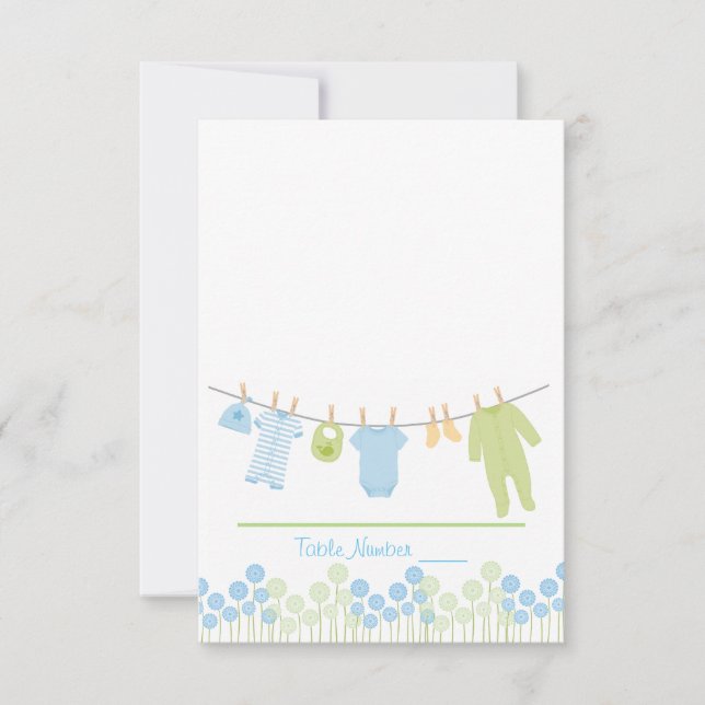 Blue and Green Clothesline Baby Shower Escort Card (Front)