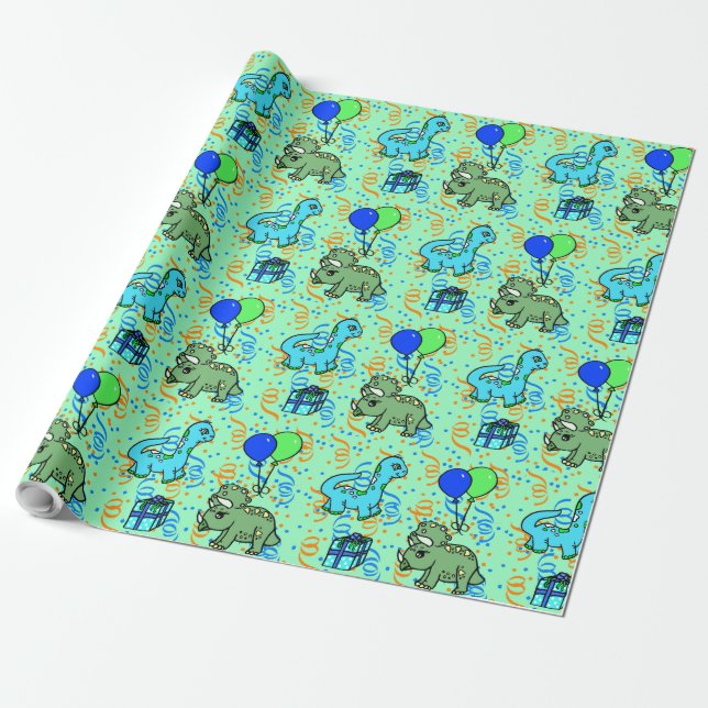 Blue and green Confetti Dinosaurs Birthday Wrapping Paper (Unrolled)