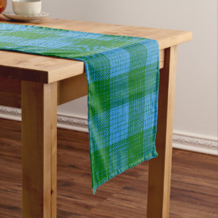 Blue and Green Crosshatch Chequered Design Short Table Runner