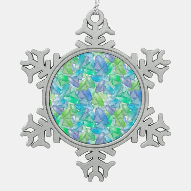 Blue and green diamonds snowflake pewter christmas ornament (Front)