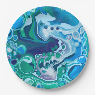 Blue and Green Digital Marble Fluid Art  Paper Plate