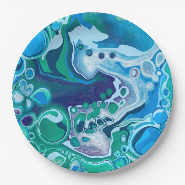 Blue and Green Digital Marble Fluid Art  Paper Plate (Front)