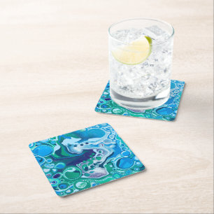 Blue and Green Digital Marble Fluid Art  Square Paper Coaster