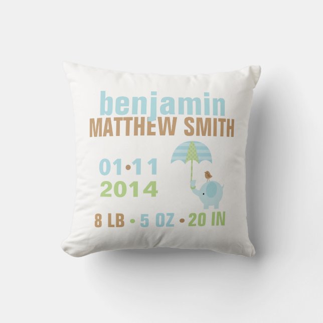 Blue and Green Elephant Baby Birth Announcement Cushion (Front)