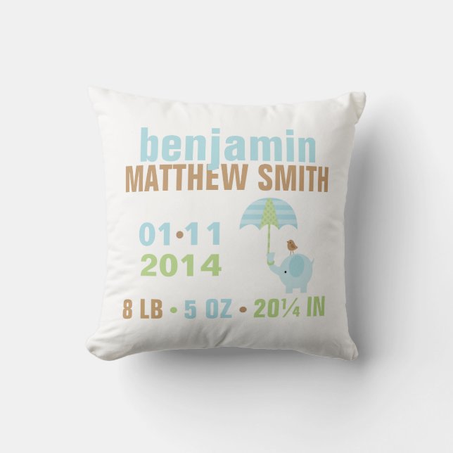 Blue and Green Elephant Baby Birth Announcement Cushion (Front)