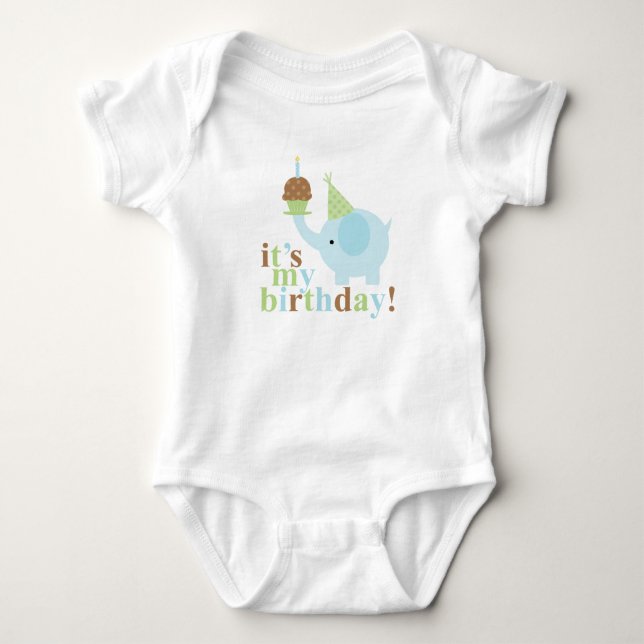 Blue and Green Elephant Birthday Baby Bodysuit (Front)