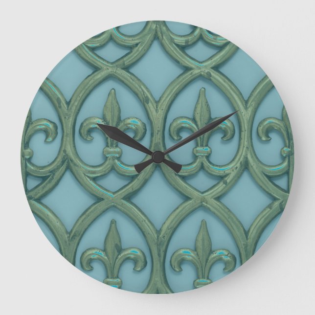 Blue And Green Fleur-de-lis Large Clock (Front)