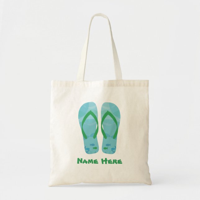 Blue And Green Flip Flops Custom Name Summer Beach Tote Bag (Front)