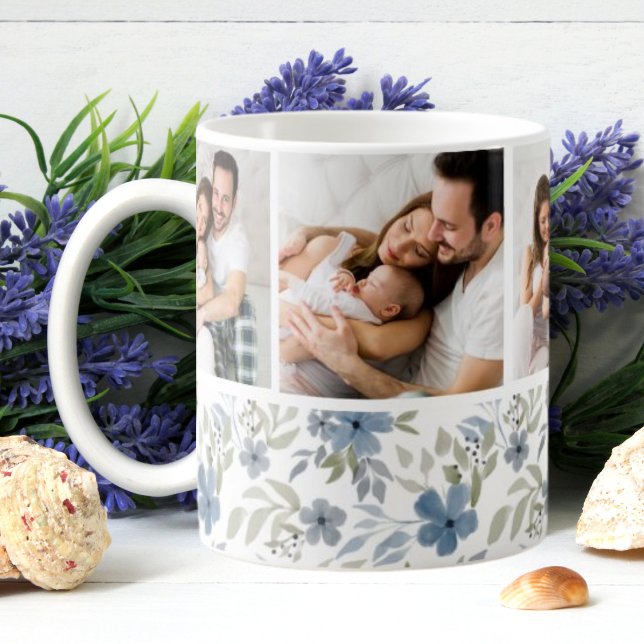 Blue and Green Floral 4 Photo Collage Custom Coffee Mug (Creator Uploaded)