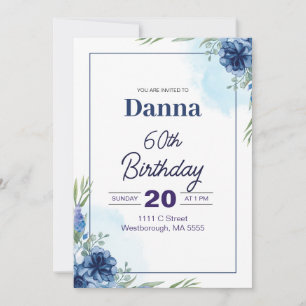 Blue and Green Floral 60th Birthday Invitation