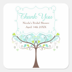 Blue and Green Floral Bird Bridal Shower Thank You Square Sticker