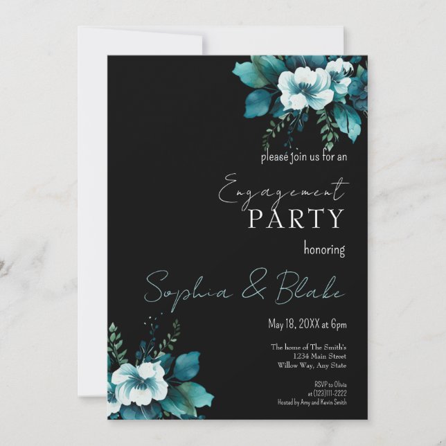 Blue and Green Floral Black Engagement Party Invitation (Front)