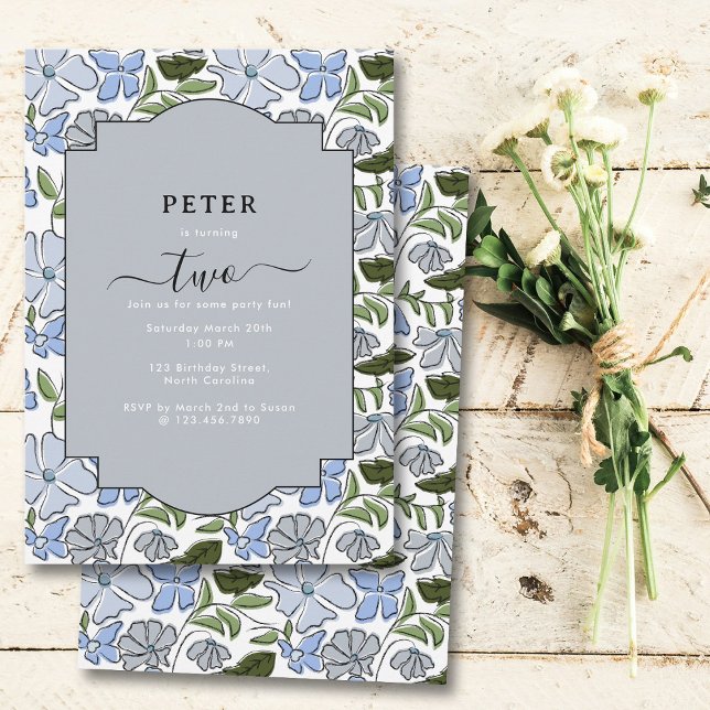 Blue and Green Floral Block Print Boy Birthday Invitation (Blue and Green Floral Block Print Boy Birthday Invitation)