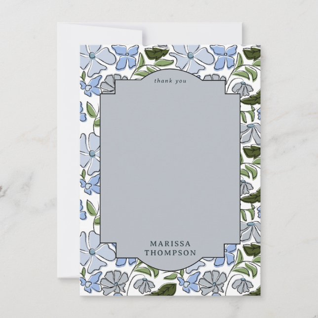 Blue and Green Floral Block Print Boy Birthday Thank You Card (Front)