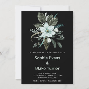 Blue and Green Floral Botanical Black Wedding Invitation