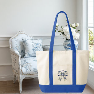 Blue and Green Floral Bow Contrast Trim Tote Bag