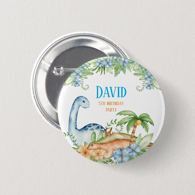 Blue and Green floral Dinosaur birthday party 6 Cm Round Badge (Front & Back)