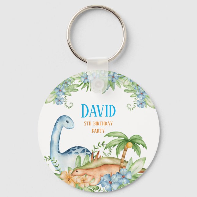 Blue and Green floral Dinosaur birthday party   Key Ring (Front)