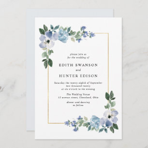 blue and green floral frame wedding invitation