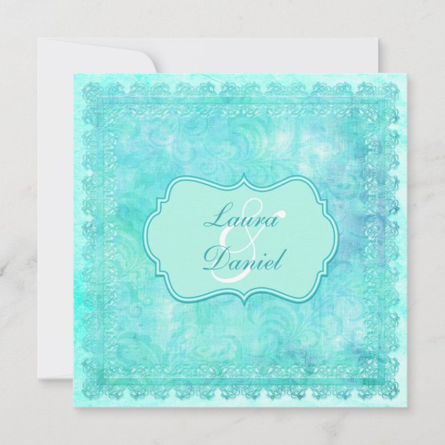 Blue and Green Floral Lace Wedding Invitation (Front)