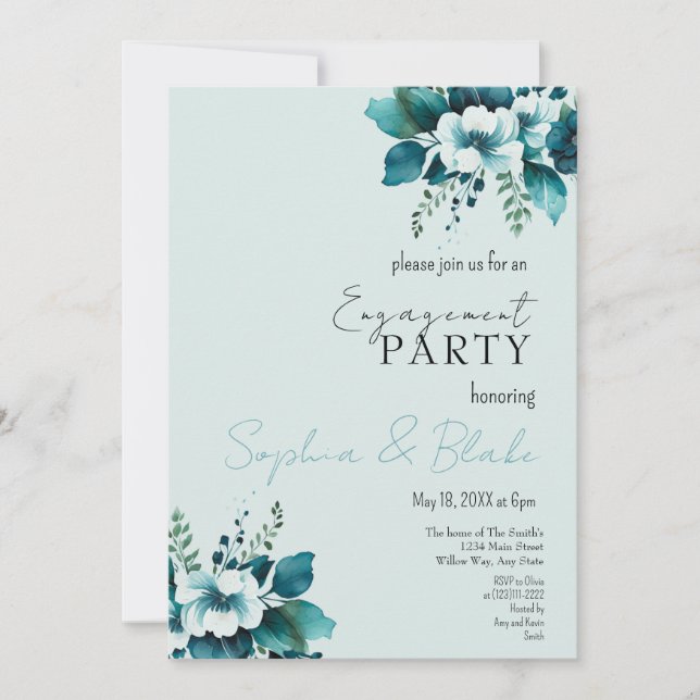 Blue and Green Floral Light Green Engagement Party Invitation (Front)
