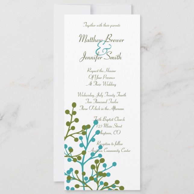 Blue and Green Floral Long Wedding Invitation (Front)
