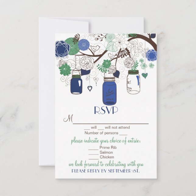 Blue and Green Floral Mason Jars RSVP Wedding Card (Front)