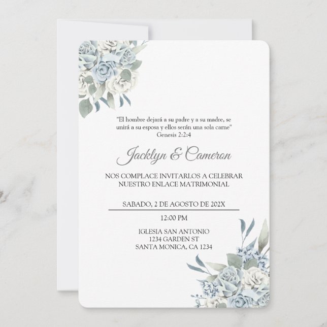 Blue and green Floral Spanish Wedding Invitation (Front)