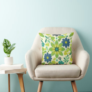 Blue and Green Floral Square Throw Pillow