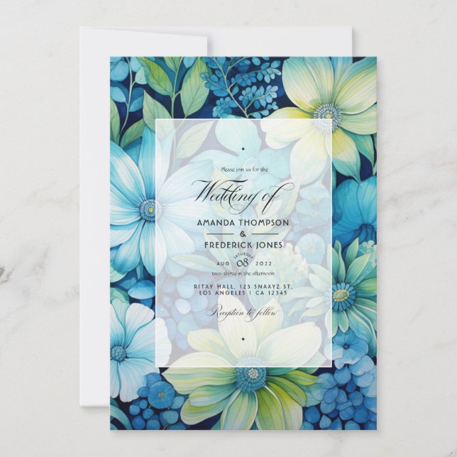 Blue and Green Floral Summer Wedding Invitation (Front)
