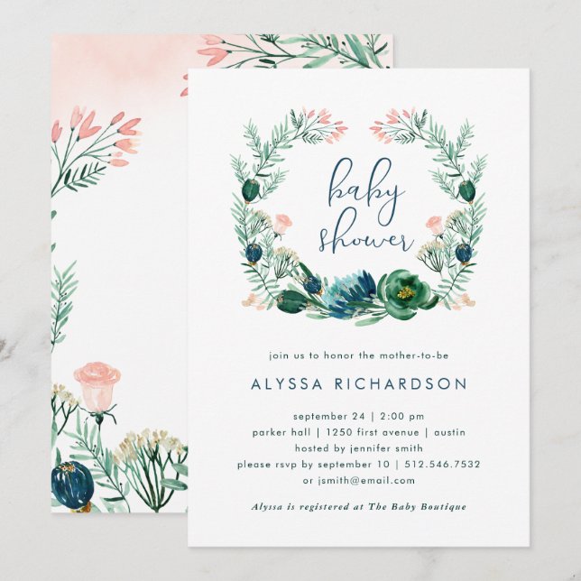 Blue and Green Floral Watercolor | Baby Shower Invitation (Front/Back)