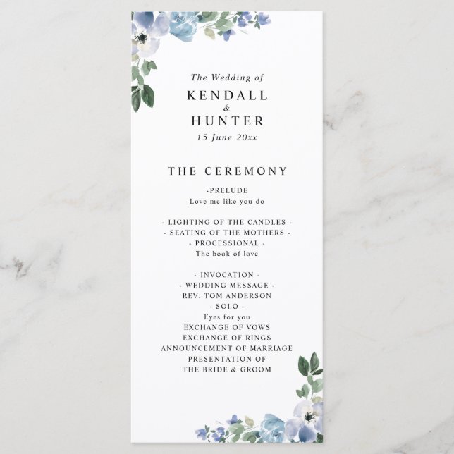 blue and green floral wedding program programme (Front)