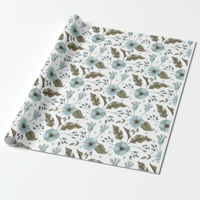Blue and Green Floral Wrapping Paper (Unrolled)