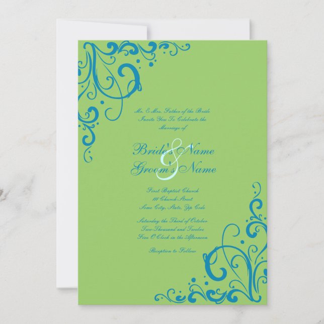 Blue and Green Flourish Wedding Invitation (Front)