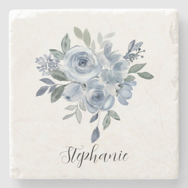 Blue and Green Flowers  Stone Coaster (Front)