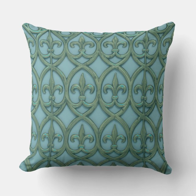 Blue And Green Fluer-de-lis Pattern Cushion (Front)