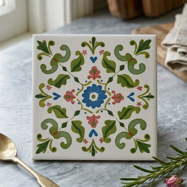 Blue and Green Folk Art Floral Decorative Ceramic Tile (Blue and Green Folk Art Floral Decorative Ceramic Tile)