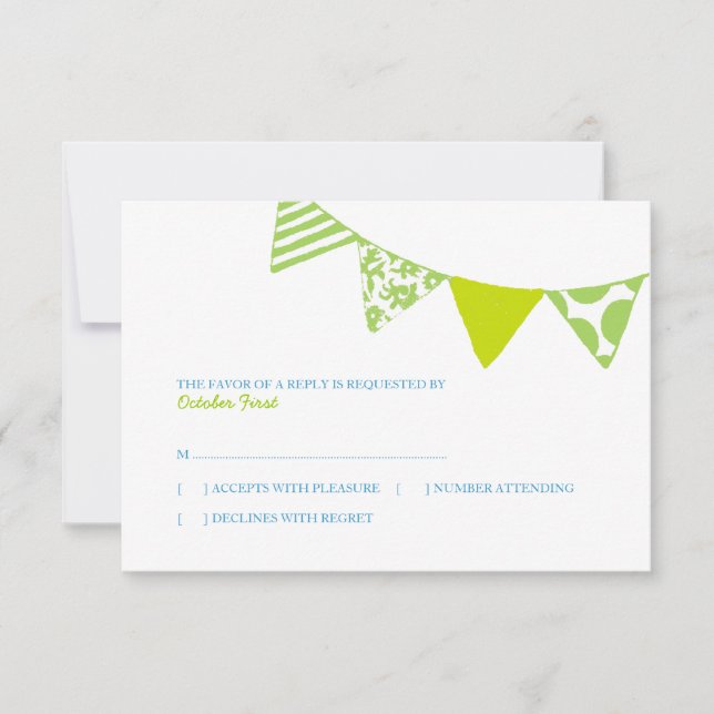 Blue and Green Fun Flags Wedding rsvp Card (Front)