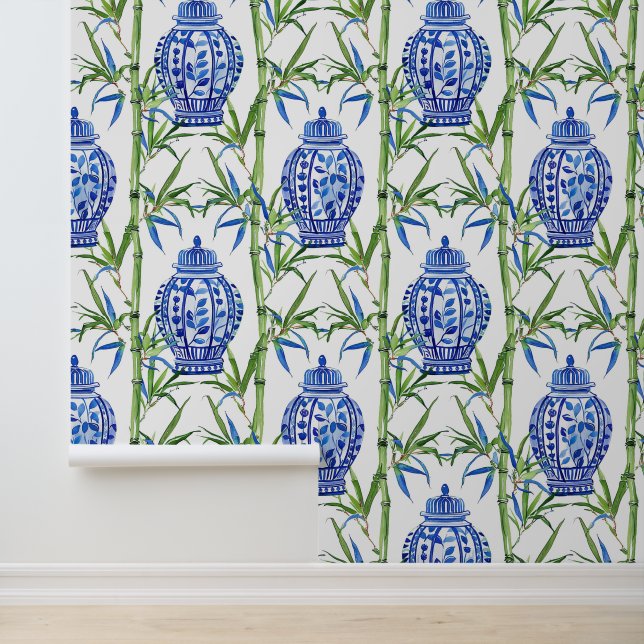 Blue and Green Ginger Jars and Bamboo Wallpaper (Application)