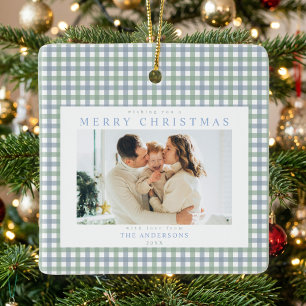 Blue and Green Gingham Christmas Custom Photo Ceramic Ornament