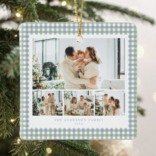 Blue and Green Gingham Family Photo Collage Ceramic Ornament